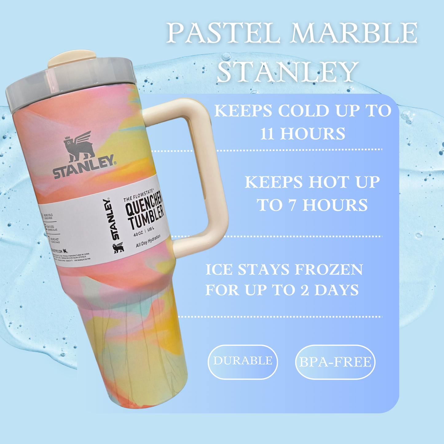 Stanley FlowState Quencher Tumbler – Pastel Marble | Leakproof, Insulated, With Handle & Straw