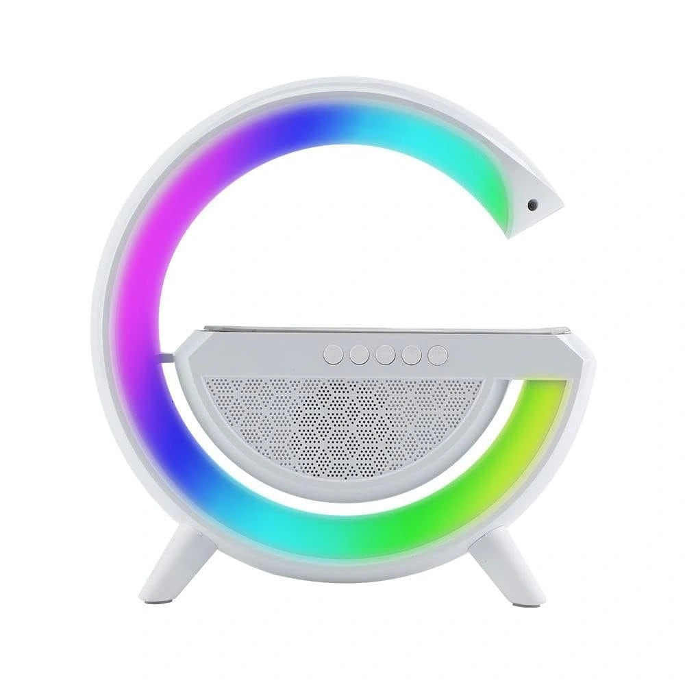 G-Shape Bluetooth Speaker – 15W Wireless Charger, FM Radio, RGB Sync Lights & Atmosphere Lamp for Home & Parties