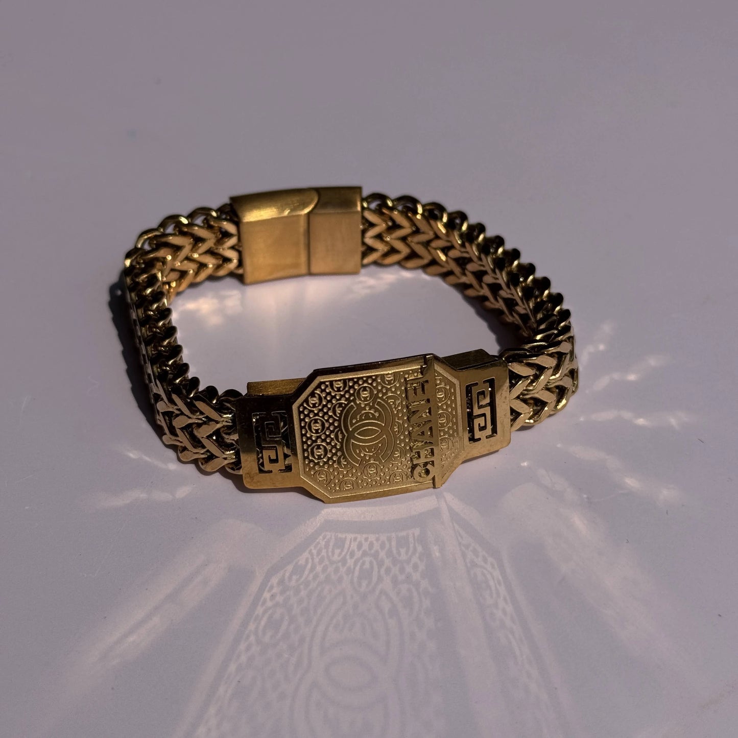 Gold Plated Chanel Cuban Chain Bracelet – Magnetic Clasp, Stainless Steel Wraparound Cuff for Men