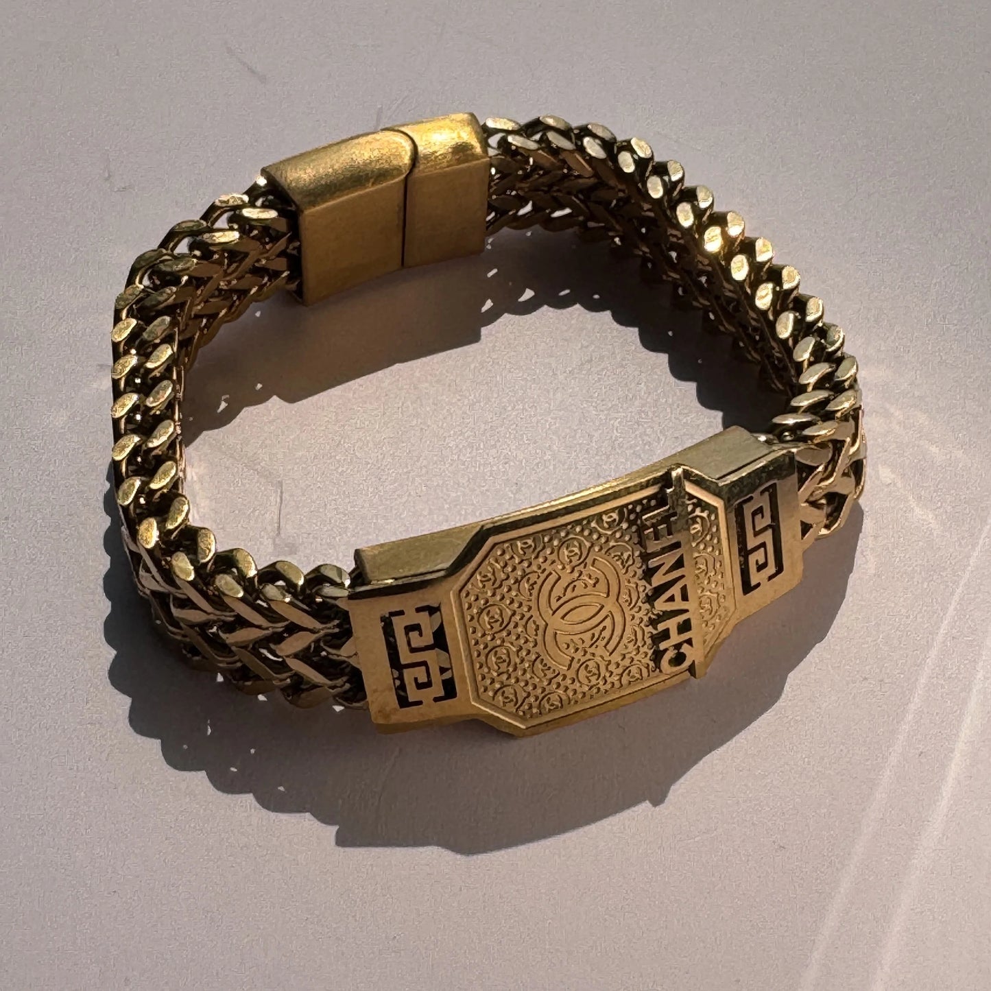 Gold Plated Chanel Cuban Chain Bracelet – Magnetic Clasp, Stainless Steel Wraparound Cuff for Men