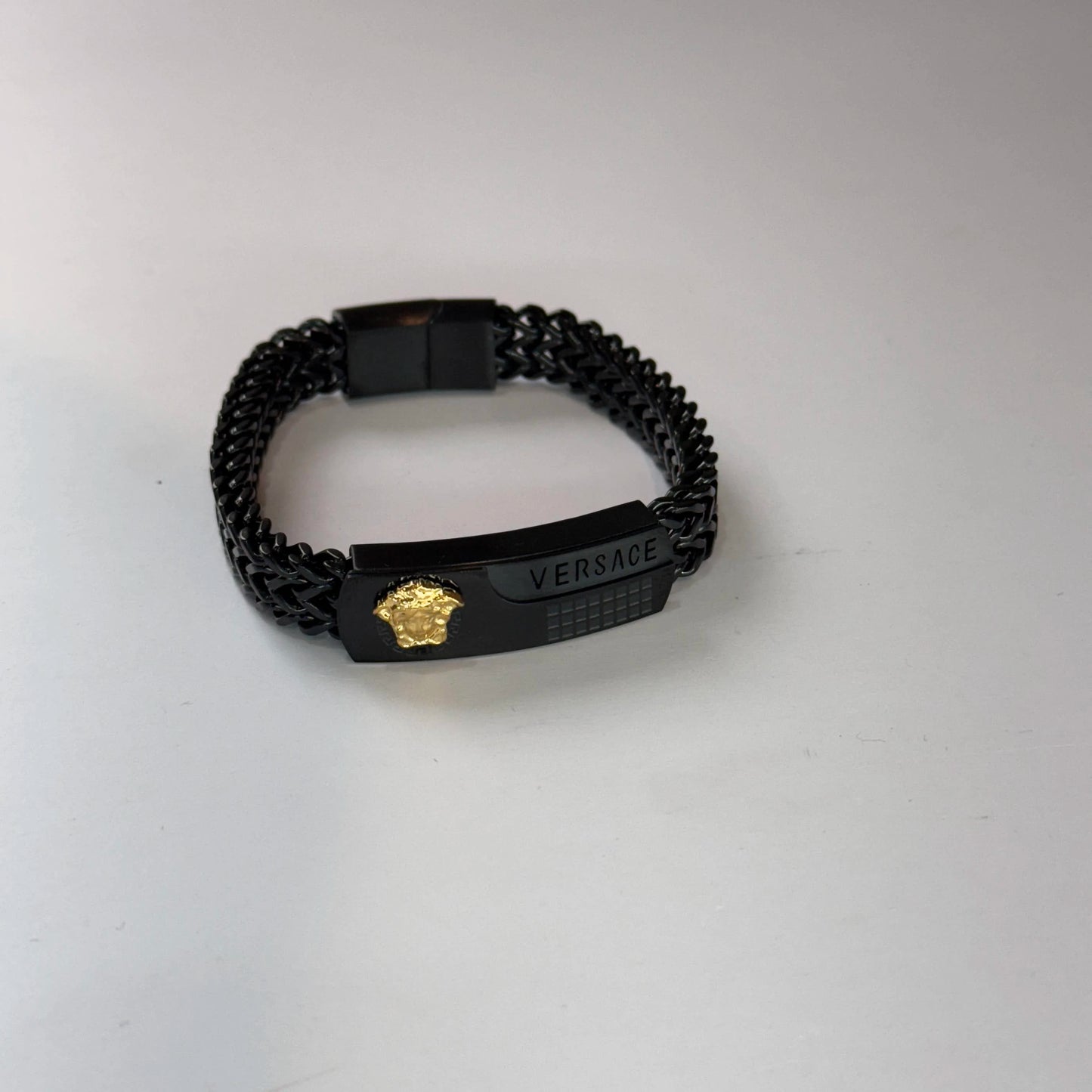 Titanium Steel Braided Cuban Chain Bracelet with Versace Logo – Magnetic Clasp, Stainless Steel Wraparound Cuff for Men