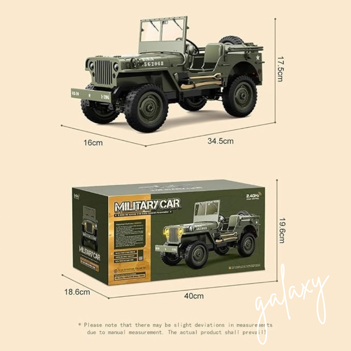 1:10 Scale Military Jeep RC Car, 4WD Off Road RTR 2.4GHz Crawler with LED Lights, 2 Batteries and USB Charger