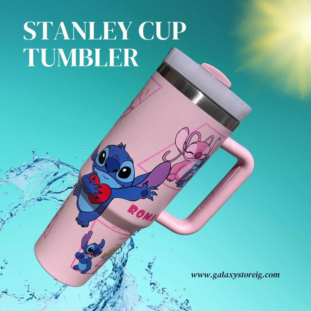 Pink Stainless Steel Stitch Printed 40oz Tumbler – Leakproof Insulated Cup with Straw for Hot & Cold Drinks