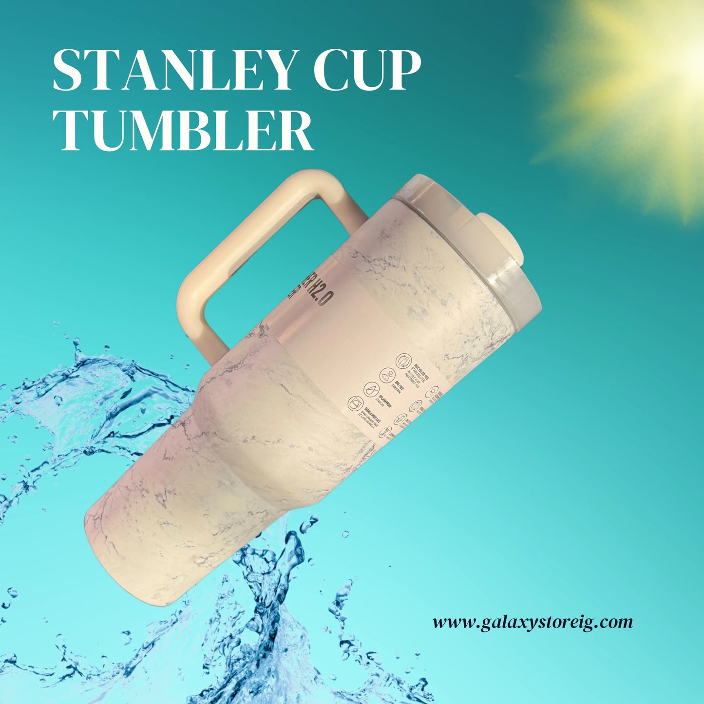 White Marble Stanley Style 40oz Tumbler – Leakproof Stainless Steel Cup with Straw, Handle & Flowstate Lid