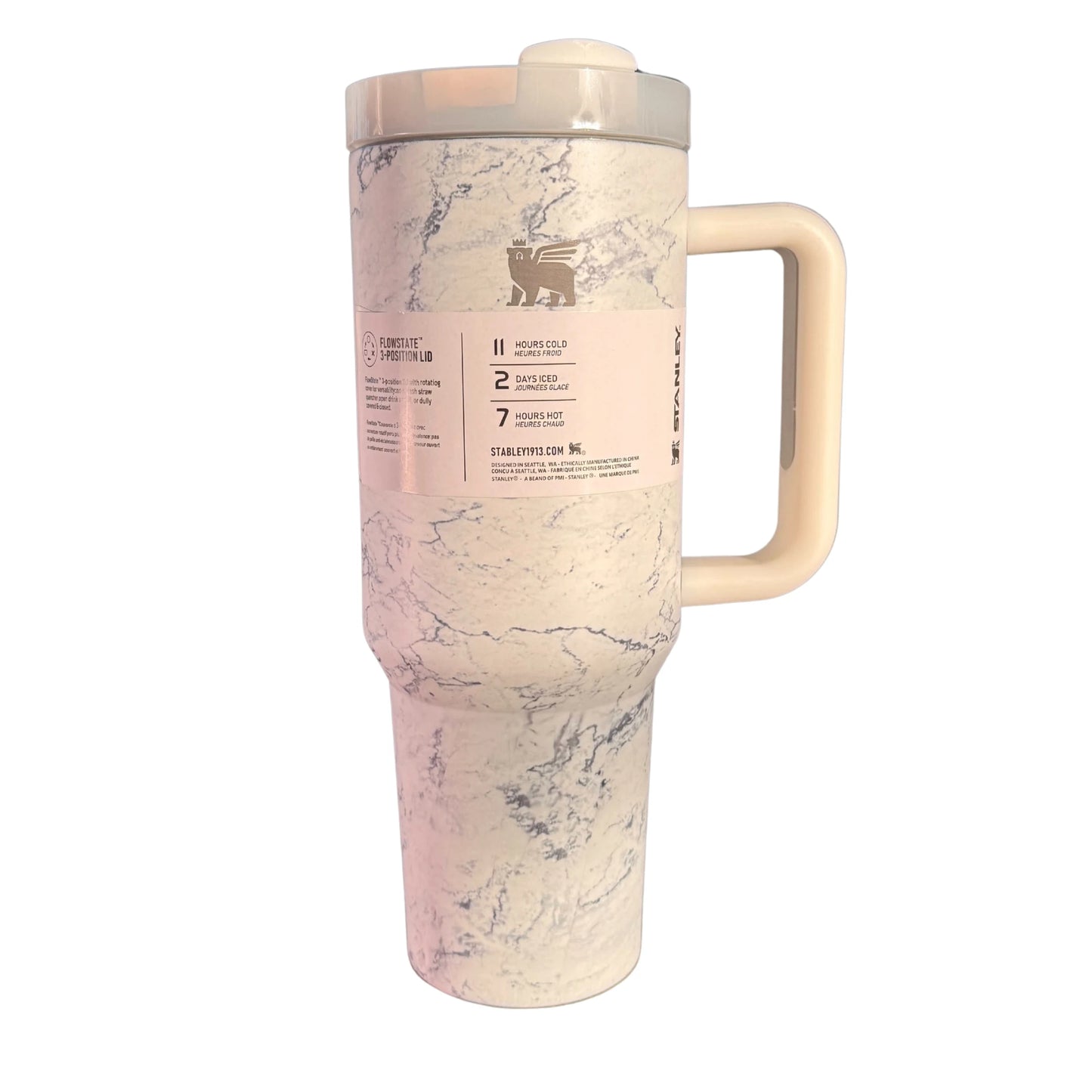 White Marble Stanley Style 40oz Tumbler – Leakproof Stainless Steel Cup with Straw, Handle & Flowstate Lid