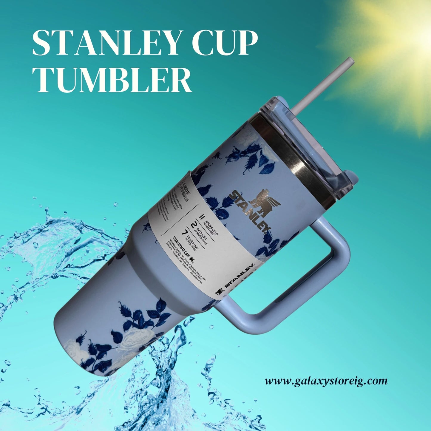 Blue Floral Stanley Style 40oz Tumbler โ Leakproof Stainless Steel Cup with Handle, Straw & Lid