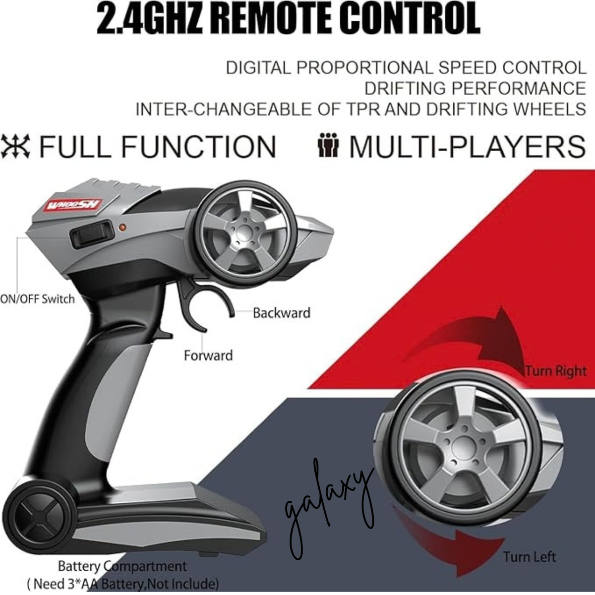 A 2.4GHz remote control for a drift racing toy car, labeled 'galaxy' on the base.