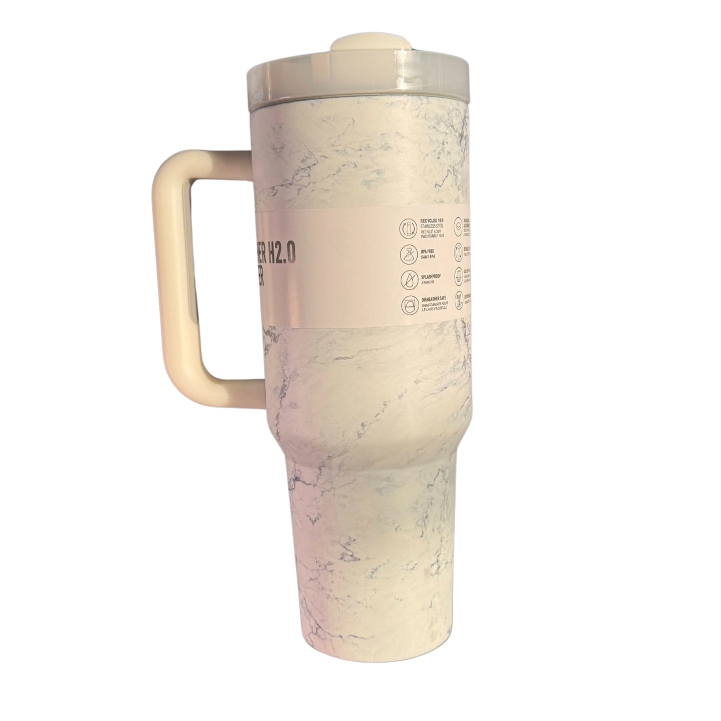 White Marble Stanley Style 40oz Tumbler – Leakproof Stainless Steel Cup with Straw, Handle & Flowstate Lid