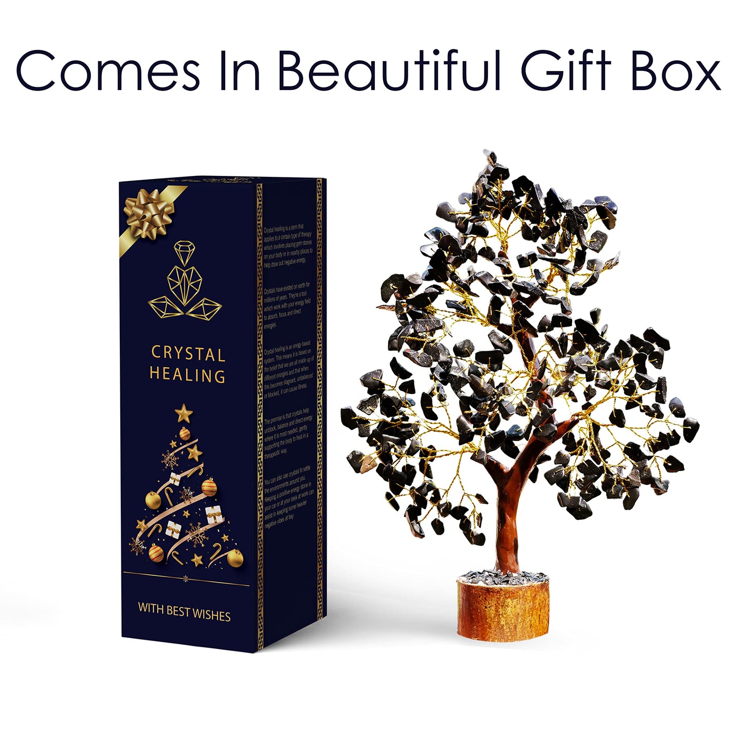 Black Tourmaline Crystal Showpiece – 10-12 Inch Home Decor Bonsai Money Tree with Black Golden Wire