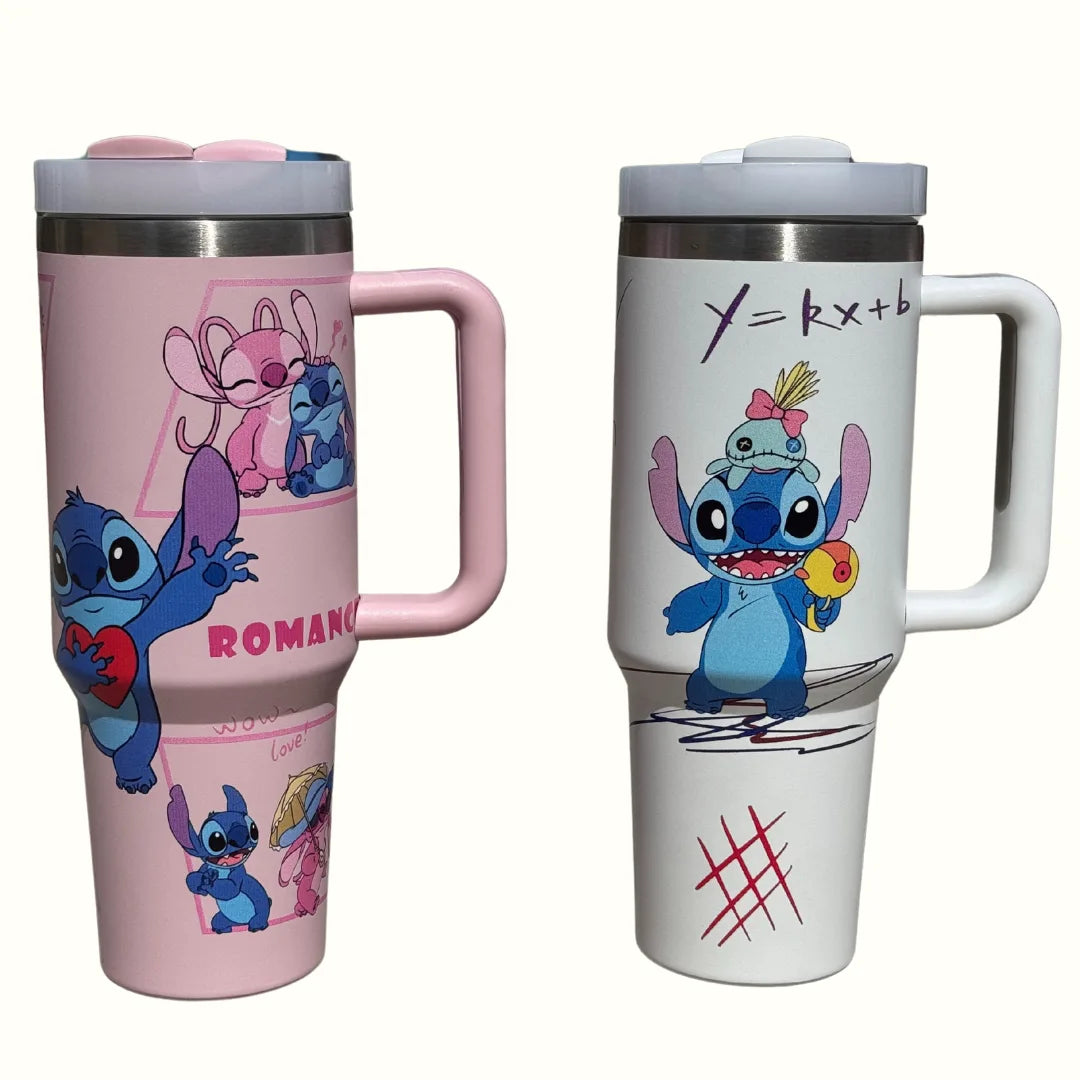 Pink Stainless Steel Stitch Printed 40oz Tumbler – Leakproof Insulated Cup with Straw for Hot & Cold Drinks