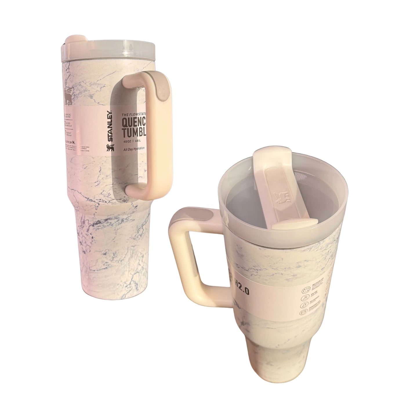 White Marble Stanley Style 40oz Tumbler – Leakproof Stainless Steel Cup with Straw, Handle & Flowstate Lid