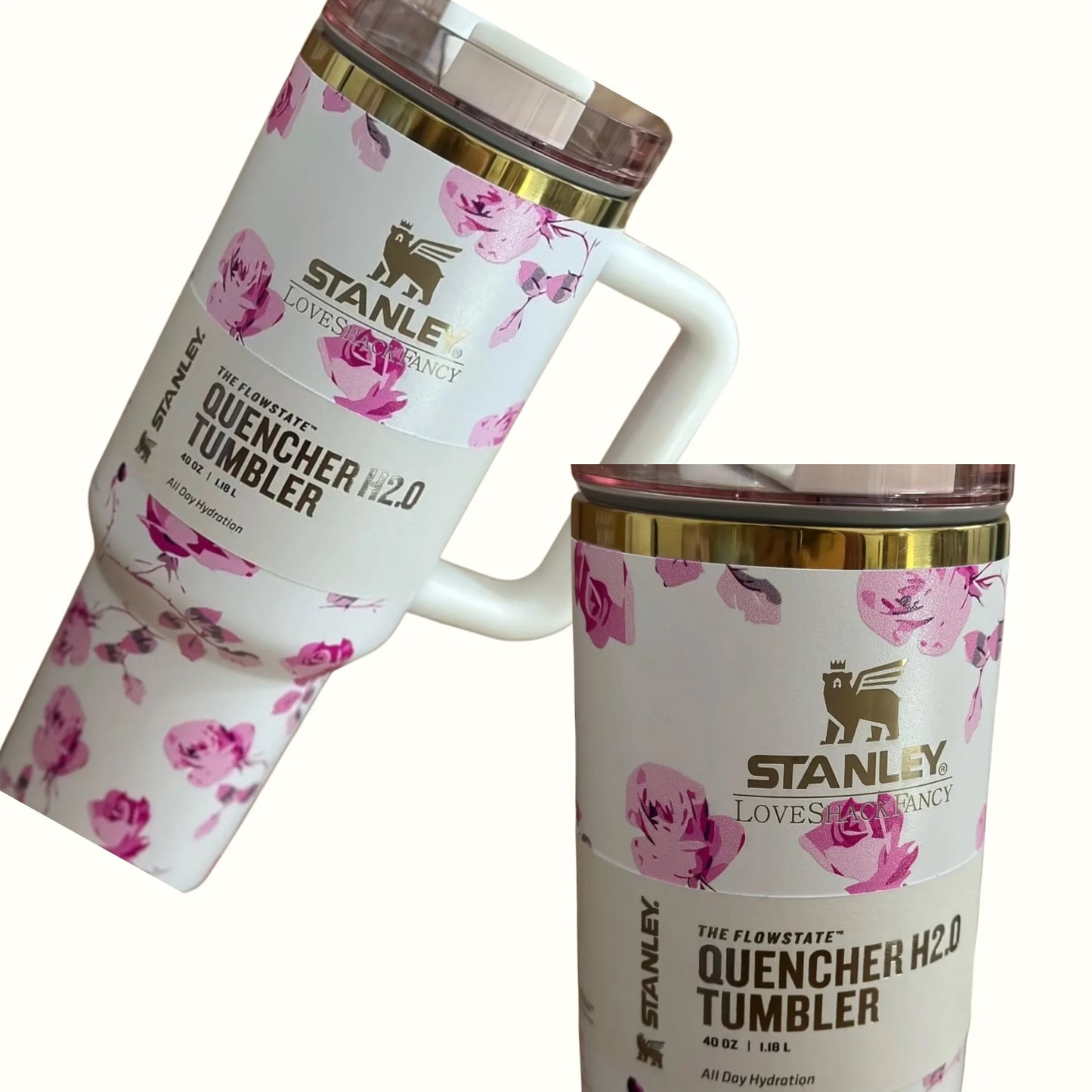 White Floral Stanley Style 40oz Tumbler – Leakproof Stainless Steel Cup with Straw, Handle & Lid