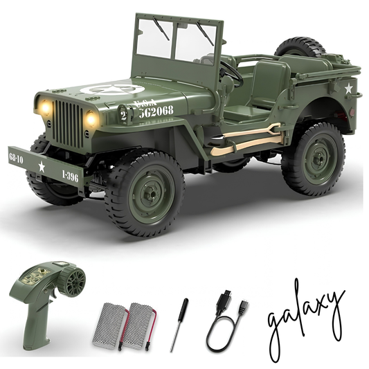 1:10 Scale Military Jeep RC Car, 4WD Off Road RTR 2.4GHz Crawler with LED Lights, 2 Batteries and USB Charger