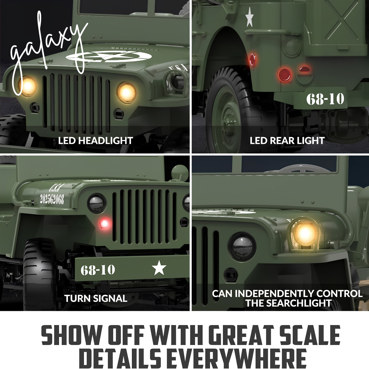 1:10 Scale Military Jeep RC Car, 4WD Off Road RTR 2.4GHz Crawler with LED Lights, 2 Batteries and USB Charger
