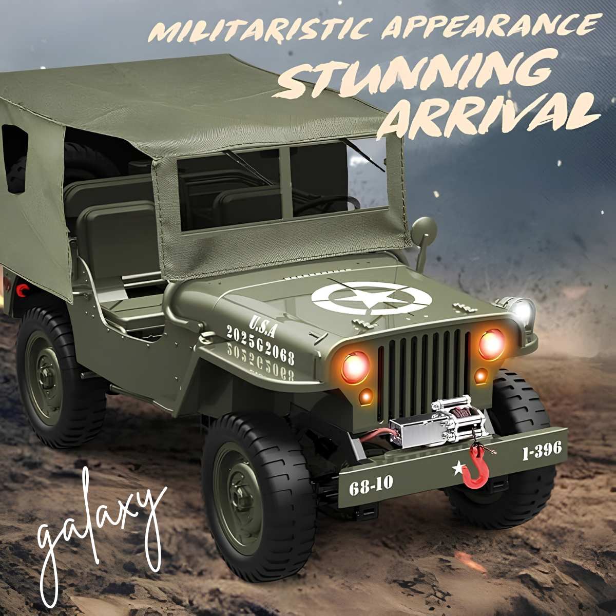 1:10 Scale Military Jeep RC Car, 4WD Off Road RTR 2.4GHz Crawler with LED Lights, 2 Batteries and USB Charger