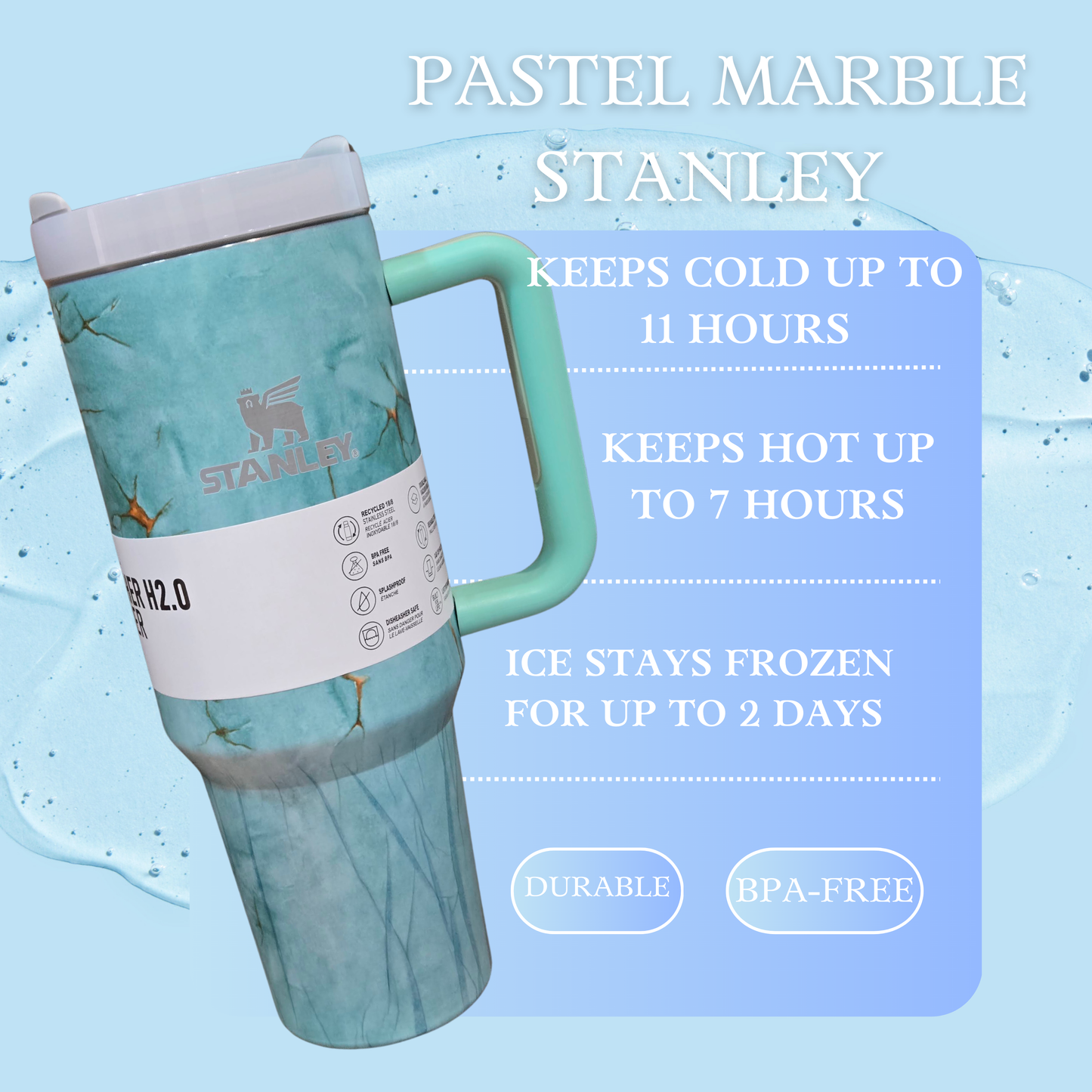 Aqua Marble Stanley Style 40oz Tumbler | Leakproof Lid, Straw, Temp Control | Travel Mug