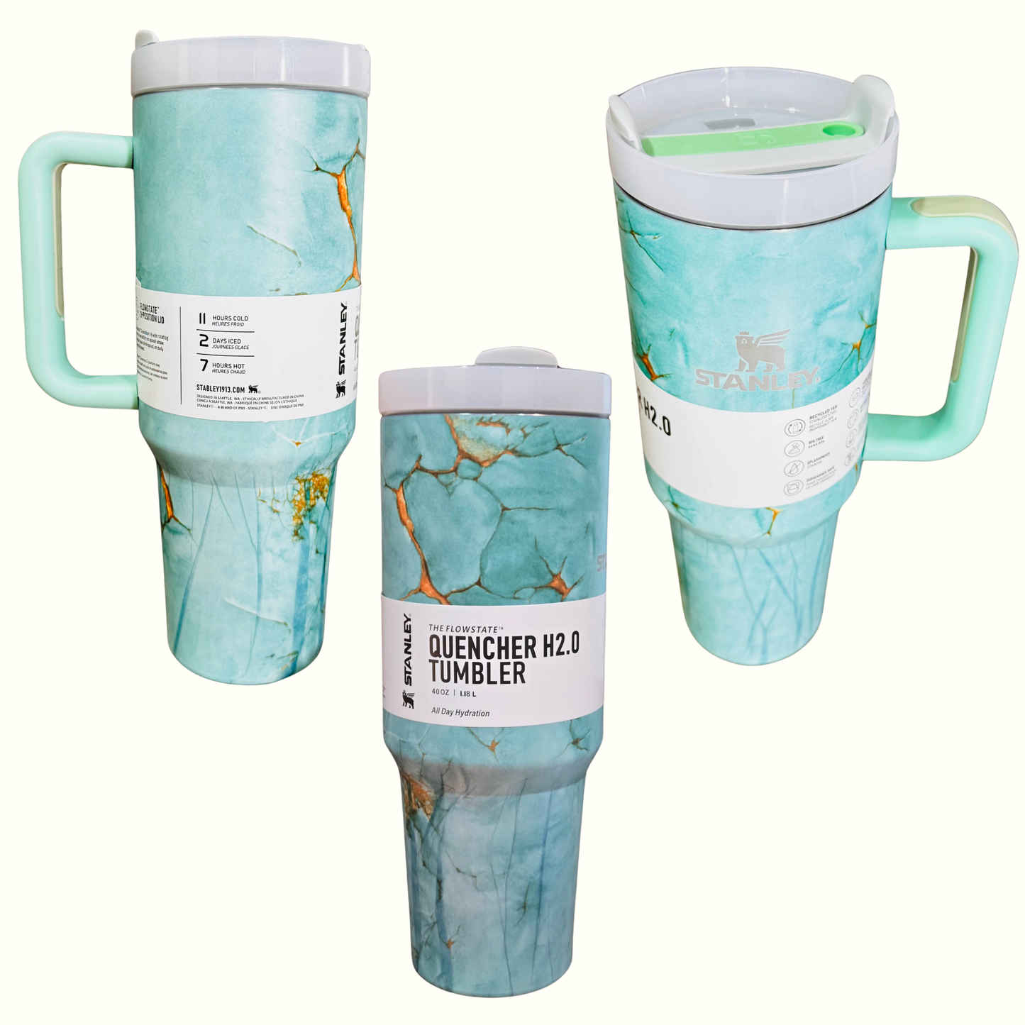 Aqua Marble Stanley Style 40oz Tumbler | Leakproof Lid, Straw, Temp Control | Travel Mug
