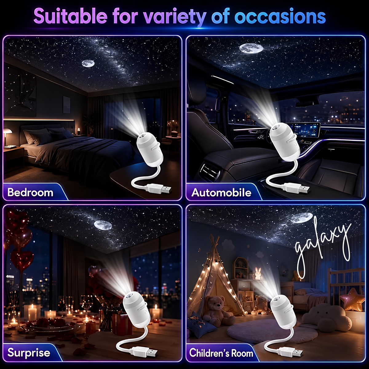 Galaxy Projector Night Light 2-in-1 | 360° Adjustable LED Star Lamp | USB | 2 Projection Discs