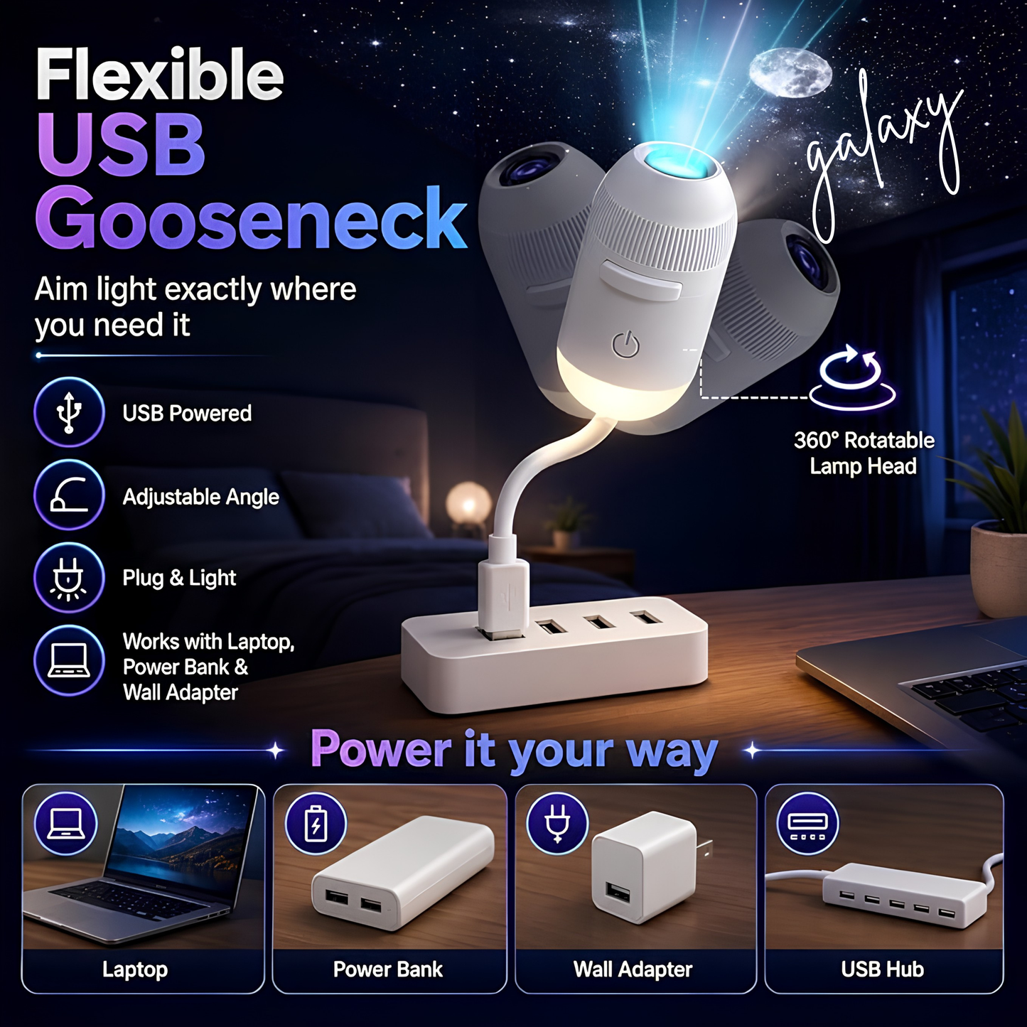 Galaxy Projector Night Light 2-in-1 | 360° Adjustable LED Star Lamp | USB | 2 Projection Discs