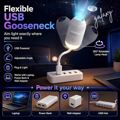 Galaxy Projector Night Light 2-in-1 | 360° Adjustable LED Star Lamp | USB | 2 Projection Discs