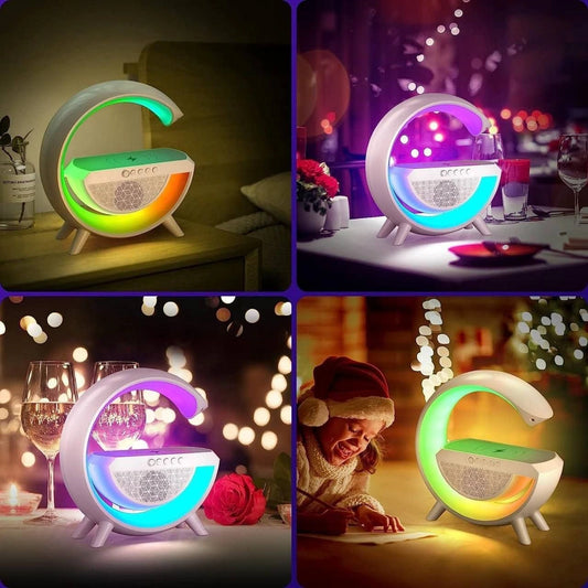 G-Shape Bluetooth Speaker | 15W Wireless Charger, FM Radio, RGB Sync Lights & Atmosphere Lamp