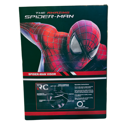 The Amazing Spider-Man visor RC model packaging box, featuring a large graphic of Spider-Man on a dark green background with red and white text and product details at the bottom.