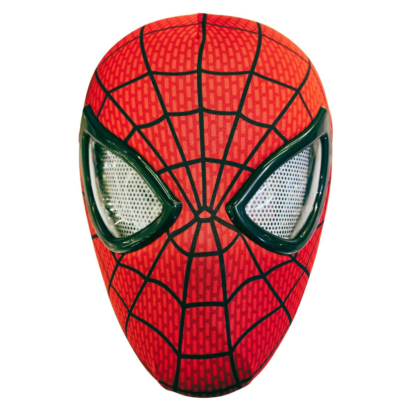 A red and black Spider-Man style mask photographed against a plain white background.