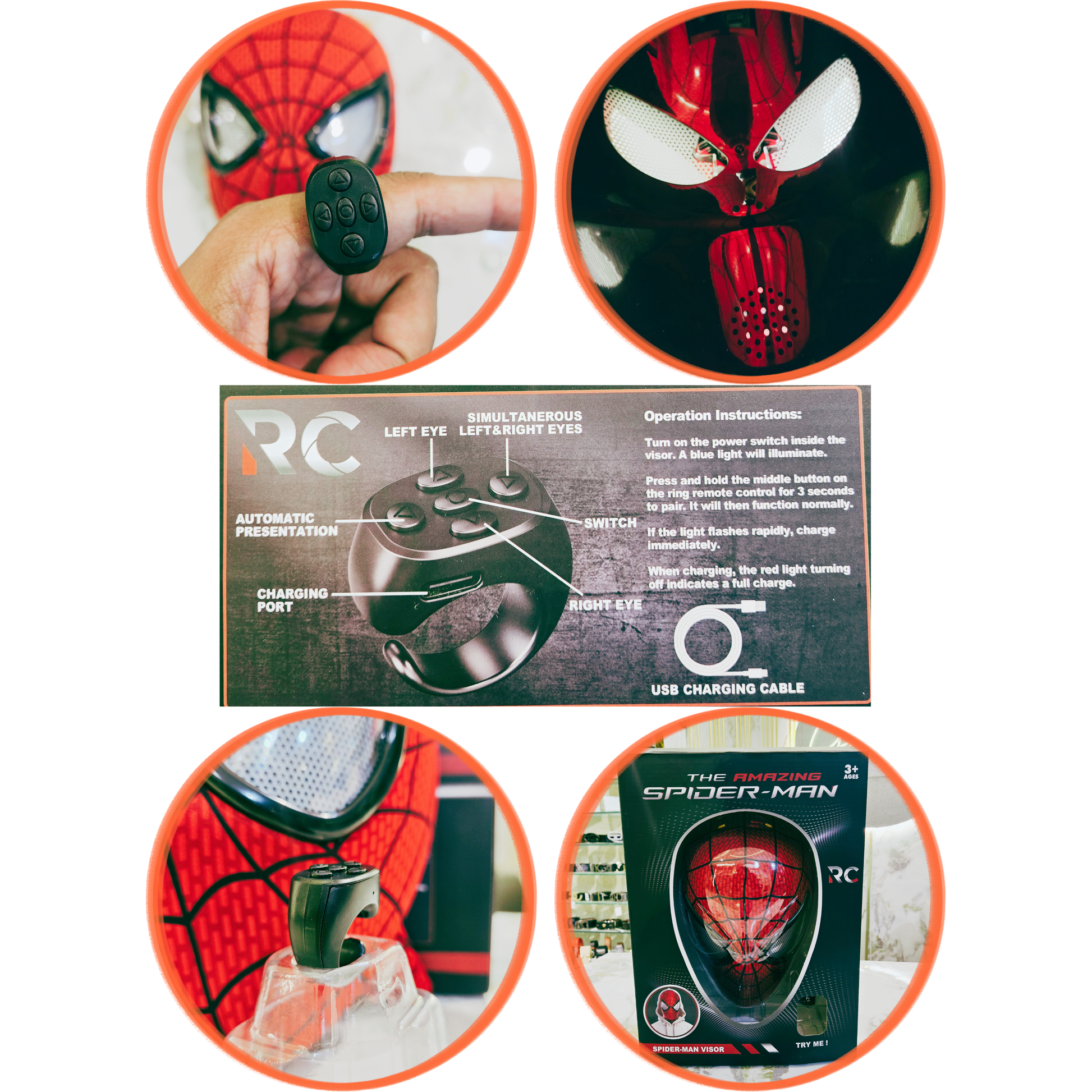 A collage showing a Spider-Man themed RC remote control and its packaging, with circular inset photos demonstrating use: a hand holding the remote, close-up of the red-and-white spider face, a close-up of the charging port, and the retail box labeled RC Spider-Man.