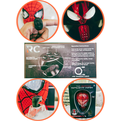 A collage showing a Spider-Man themed RC remote control and its packaging, with circular inset photos demonstrating use: a hand holding the remote, close-up of the red-and-white spider face, a close-up of the charging port, and the retail box labeled RC Spider-Man.