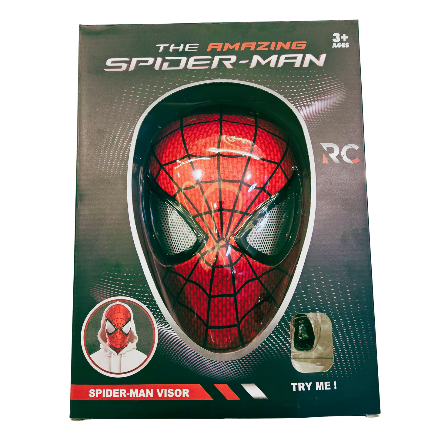 The Amazing Spider-Man RC Spider-Man Visor toy in its original retail packaging, featuring a red and black spider mask visor inside a dark green and black box with 'The Amazing Spider-Man' branding.