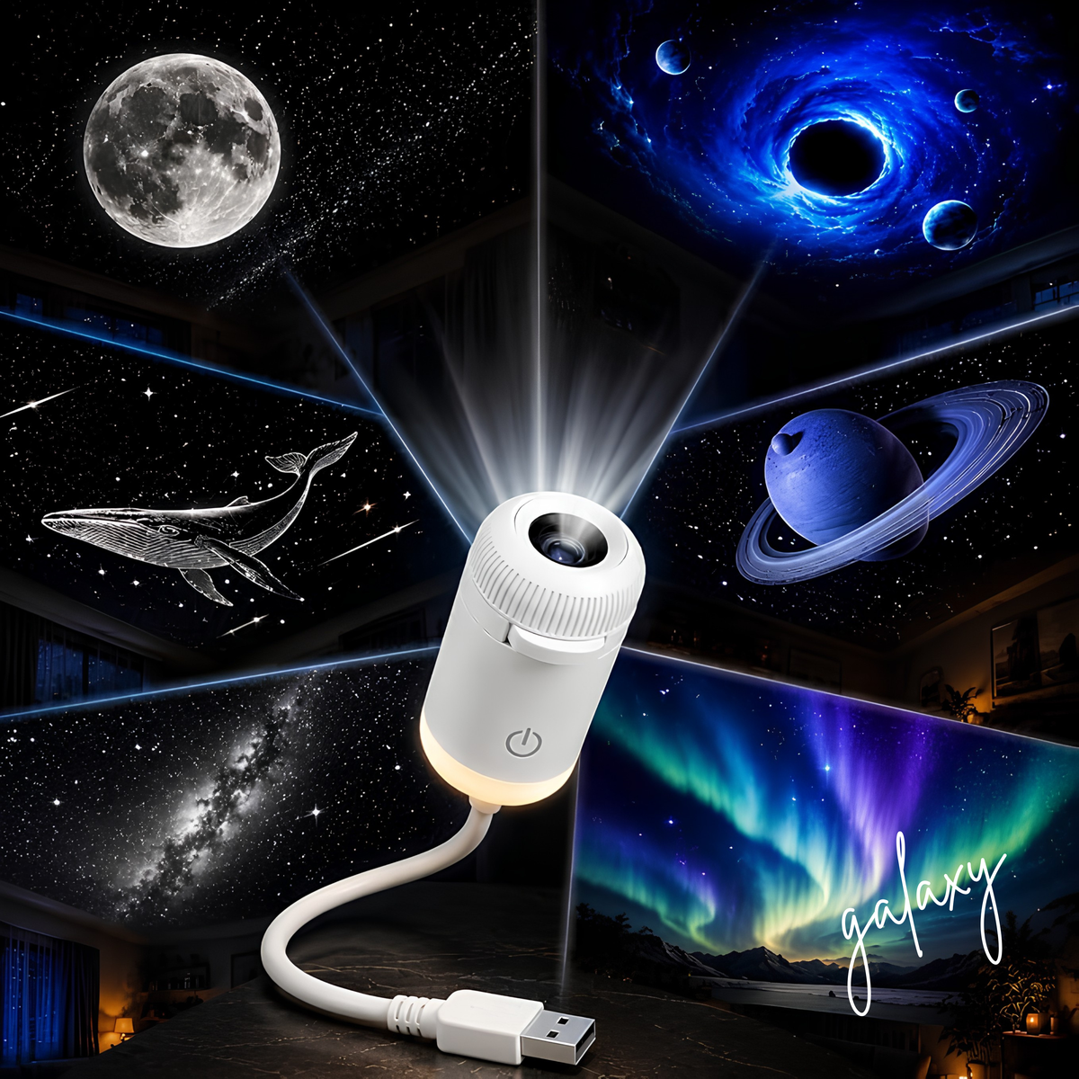 Galaxy Projector Night Light 2-in-1 | 360° Adjustable LED Star Lamp | USB | 2 Projection Discs