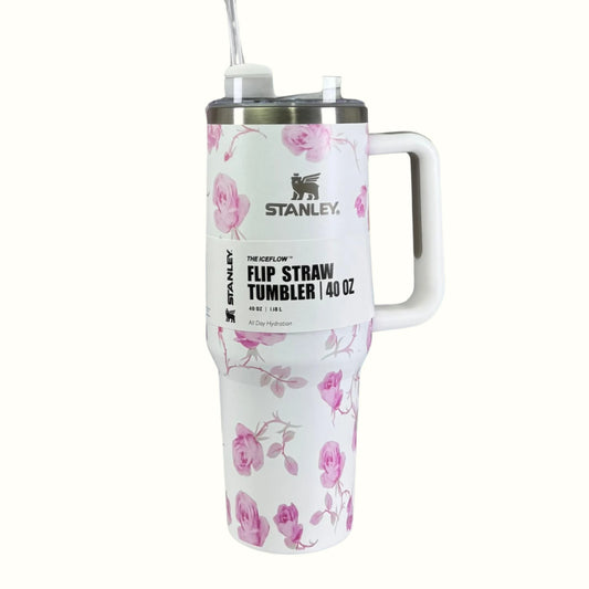 White Floral Printed Stanley Style Tumbler with Straw – 40oz from Galaxy Store

