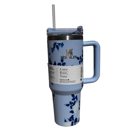 Blue Floral Stanley Style 40oz Tumbler – Leakproof Stainless Steel Cup with Handle, Straw & Lid