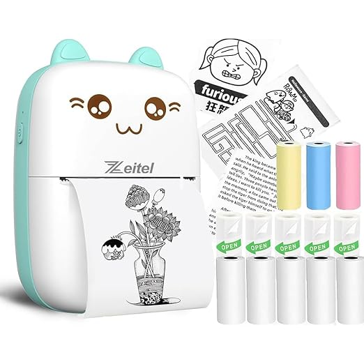 Mini Bluetooth Thermal Printer, Portable Label Printer Inkfree Printer for Android & iOS System, Black on White Thermal Printer with 13 Roll of Print Paper, Stickers, Blue