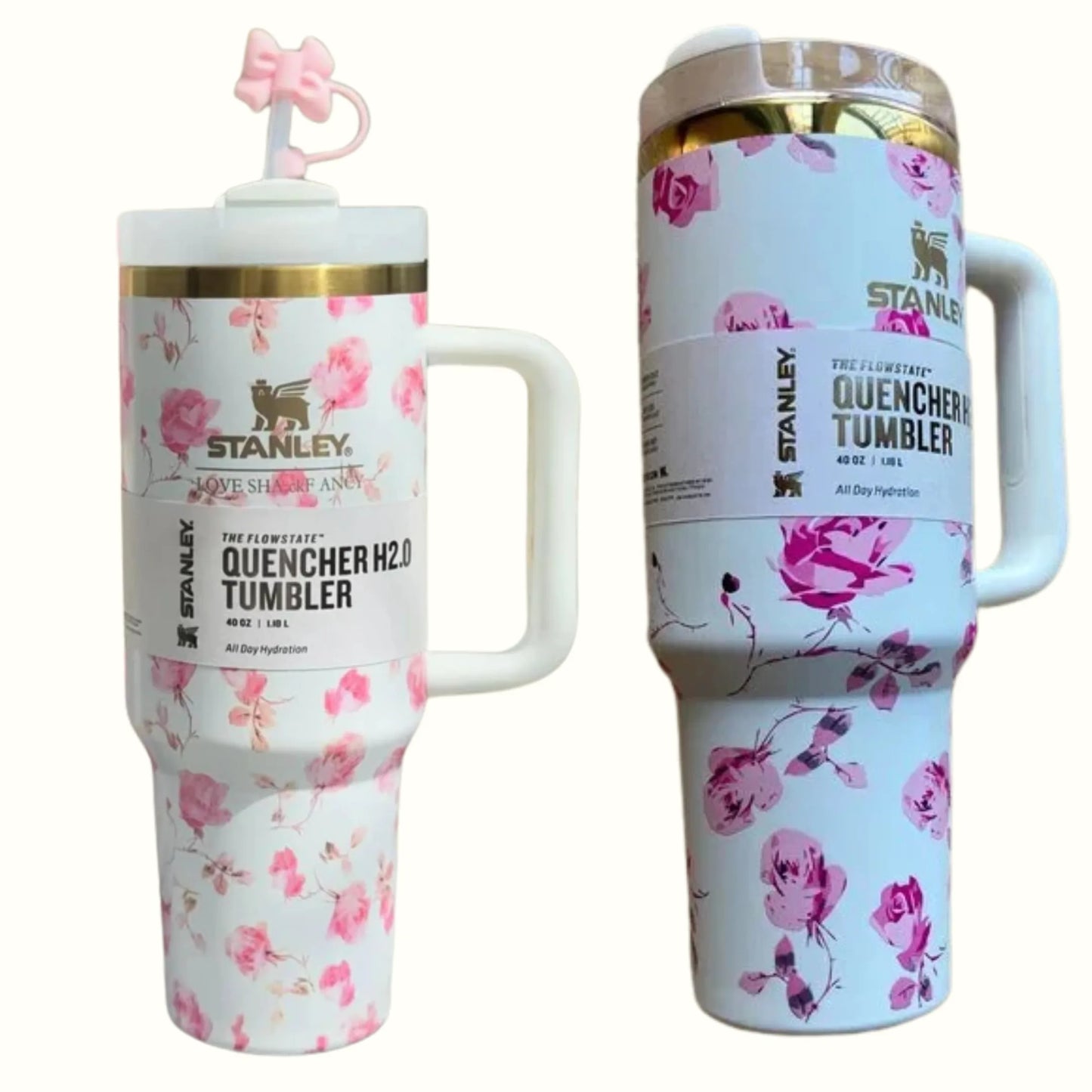 White Floral Stanley Style 40oz Tumbler – Leakproof Stainless Steel Cup with Straw, Handle & Lid