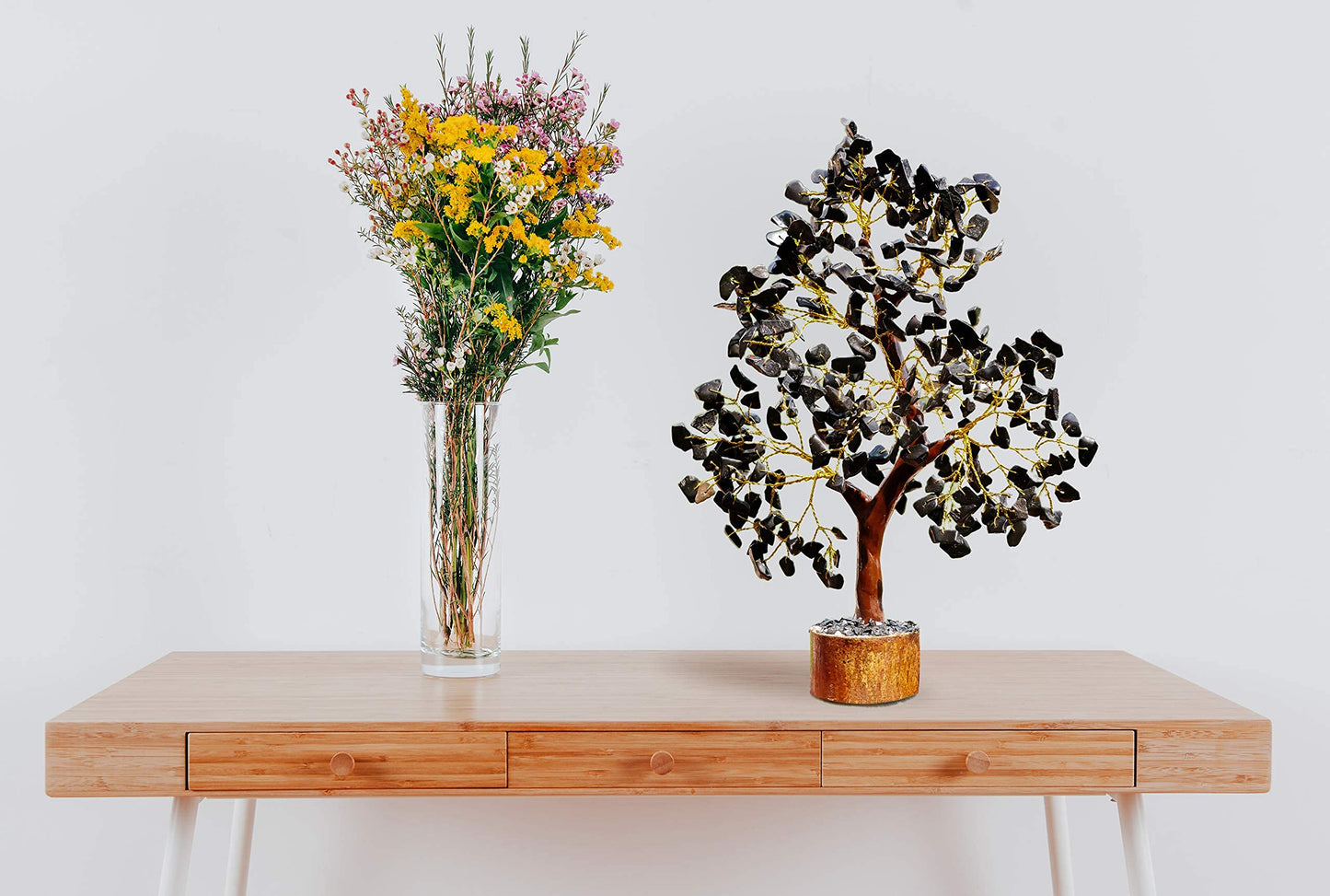 Black Tourmaline Crystal Showpiece – 10-12 Inch Home Decor Bonsai Money Tree with Black Golden Wire