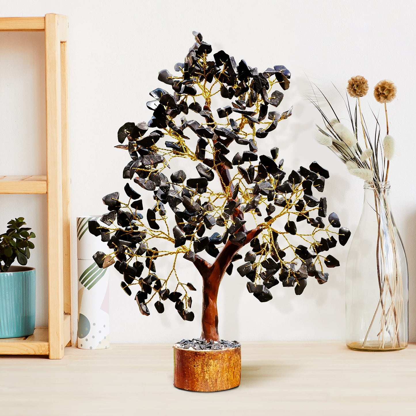 Black Tourmaline Crystal Showpiece – 10-12 Inch Home Decor Bonsai Money Tree with Black Golden Wire