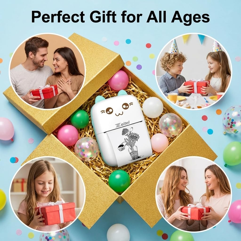 Mini Bluetooth Thermal Printer, Portable Label Printer Inkfree Printer for Android & iOS System, Black on White Thermal Printer with 13 Roll of Print Paper, Stickers, Blue