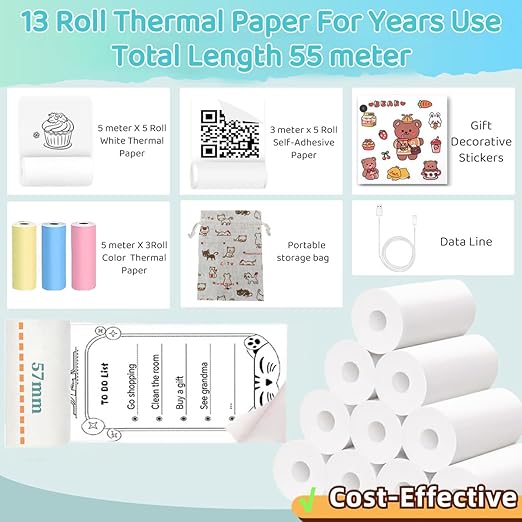 Mini Bluetooth Thermal Printer, Portable Label Printer Inkfree Printer for Android & iOS System, Black on White Thermal Printer with 13 Roll of Print Paper, Stickers, Blue