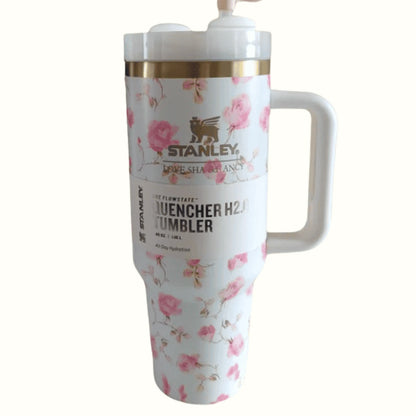 White Floral Stanley Style 40oz Tumbler – Leakproof Stainless Steel Cup with Straw, Handle & Lid