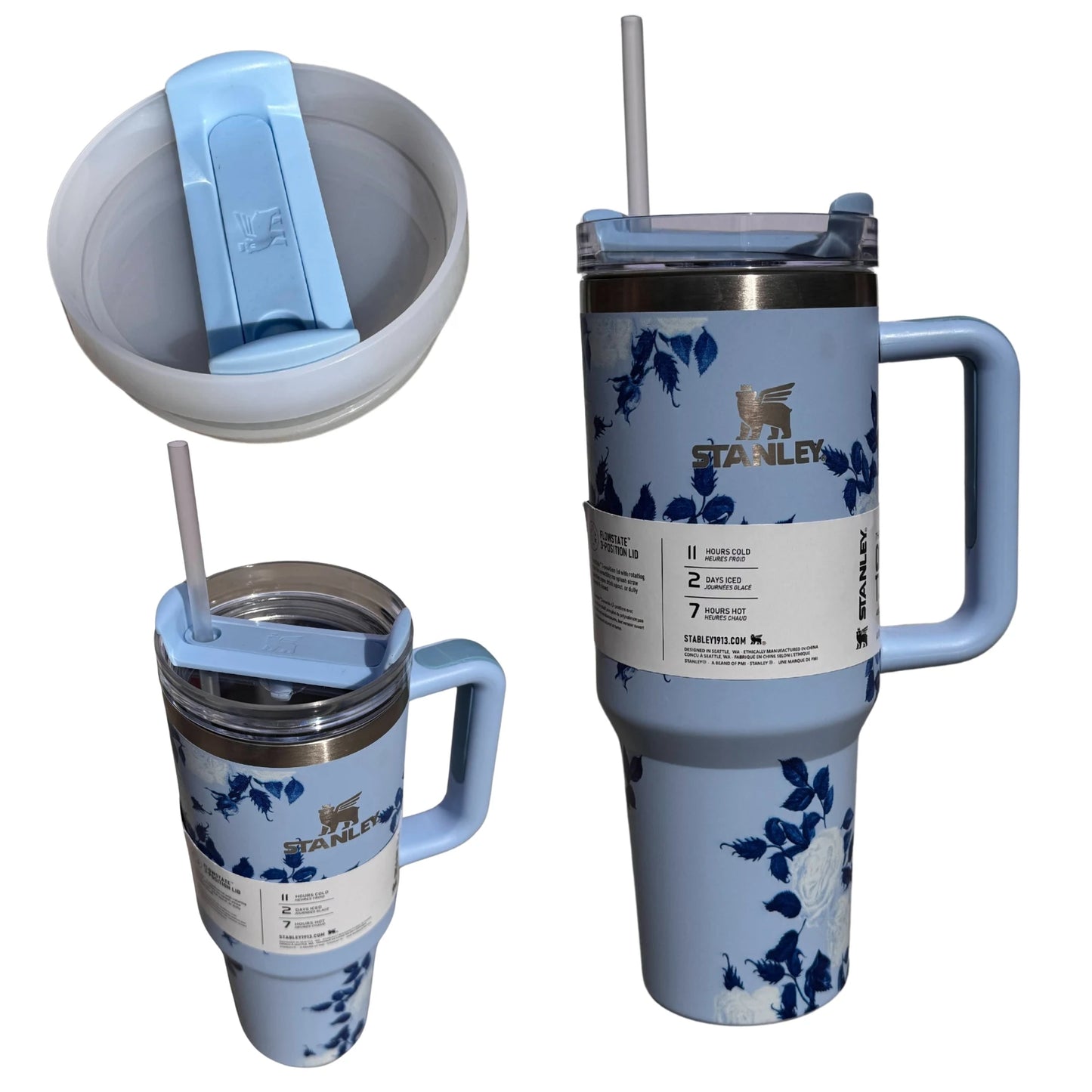 Blue Floral Stanley Style 40oz Tumbler – Leakproof Stainless Steel Cup with Handle, Straw & Lid