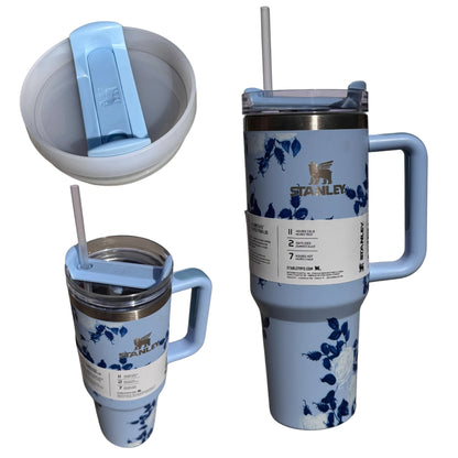 Blue Floral Stanley Style 40oz Tumbler – Leakproof Stainless Steel Cup with Handle, Straw & Lid