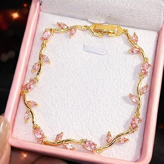Trendy Tulip Bracelet for Women | Gold Plated Pink Crystal Floral Bracelet | Elegant Minimalist Jewelry | Adjustable Chain Bracelet Gift for Girls Women | Stylish Party Daily Wear Accessory