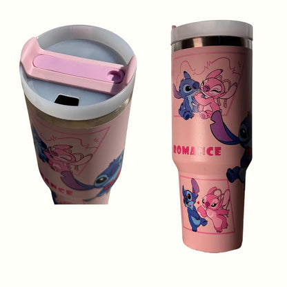 Pink Stainless Steel Stitch Printed 40oz Tumbler – Leakproof Insulated Cup with Straw for Hot & Cold Drinks