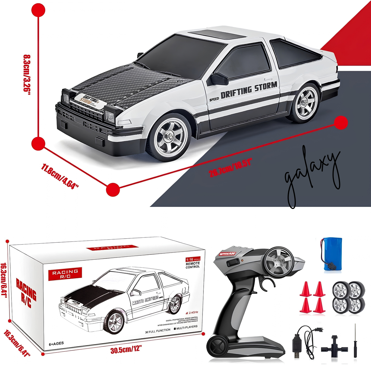 A remote control model car set shown on a white background, including the car, a box labeled 'RACING CAR', a handheld controller, batteries, wheels, and accessories. The top portion also shows a rendered view of the car with red dimension lines and text reading 'galaxy'.