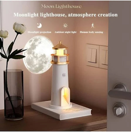 White Acrylic Light House Moon Table Lamp Projector for Home Decor & Night Light