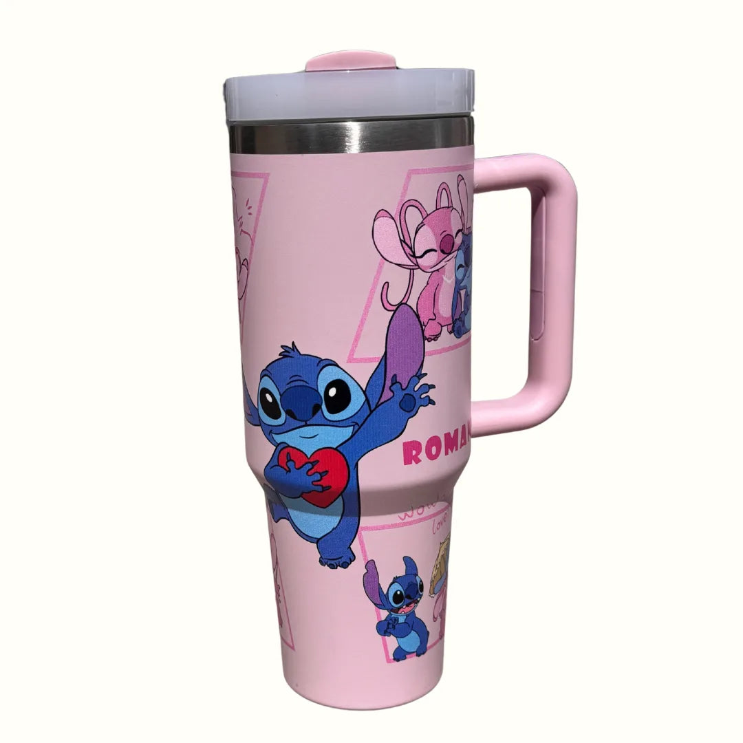 Pink Stainless Steel Stitch Printed 40oz Tumbler – Leakproof Insulated Cup with Straw for Hot & Cold Drinks