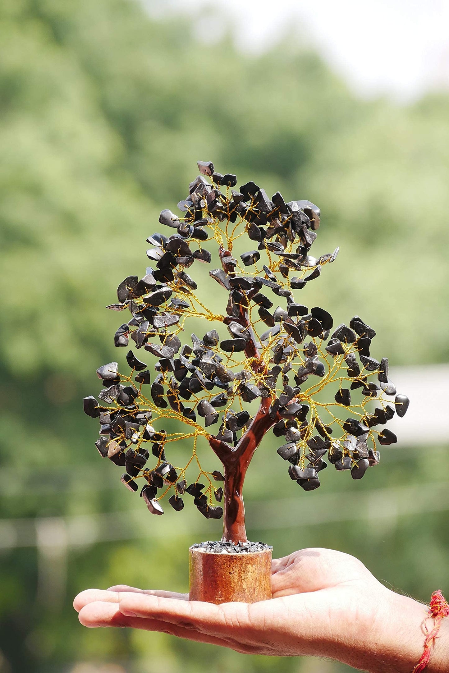 Black Tourmaline Crystal Showpiece – 10-12 Inch Home Decor Bonsai Money Tree with Black Golden Wire