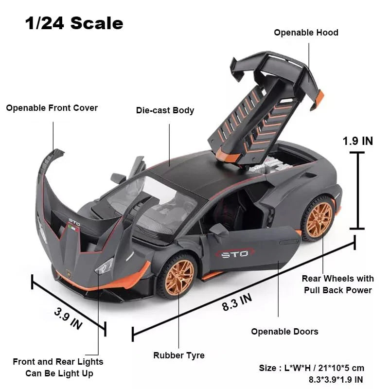 1:24 Lamborghini Huracán STO Diecast Model Car – Metal Alloy Pull Back Toy with Sound & Light
