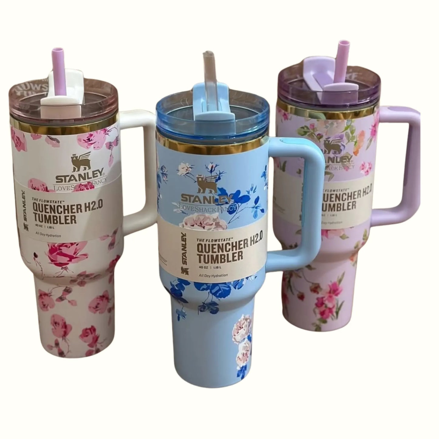 White Floral Stanley Style 40oz Tumbler – Leakproof Stainless Steel Cup with Straw, Handle & Lid
